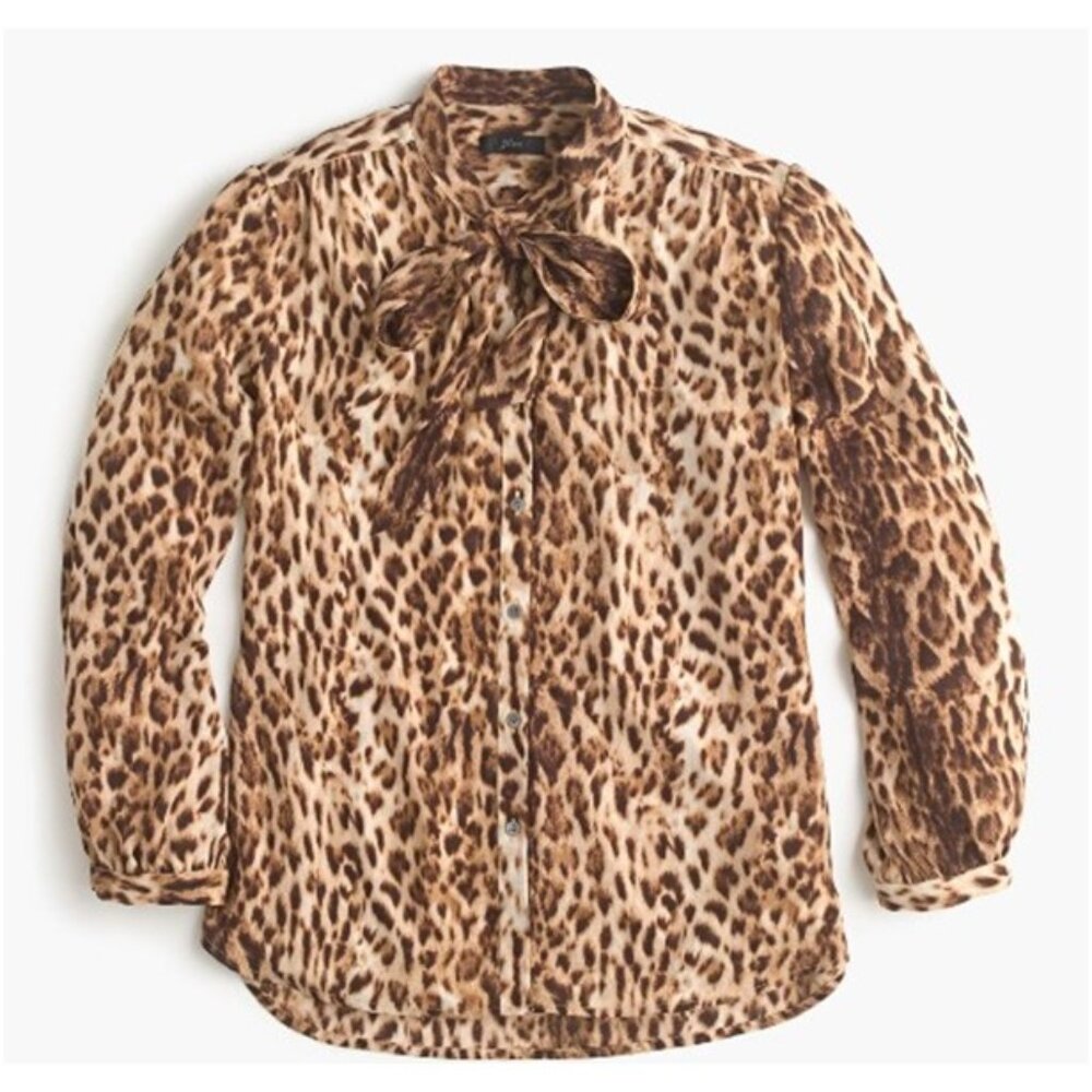 J. Crew. Leopard Button-Up Tie-Neck Blouse. Size M.